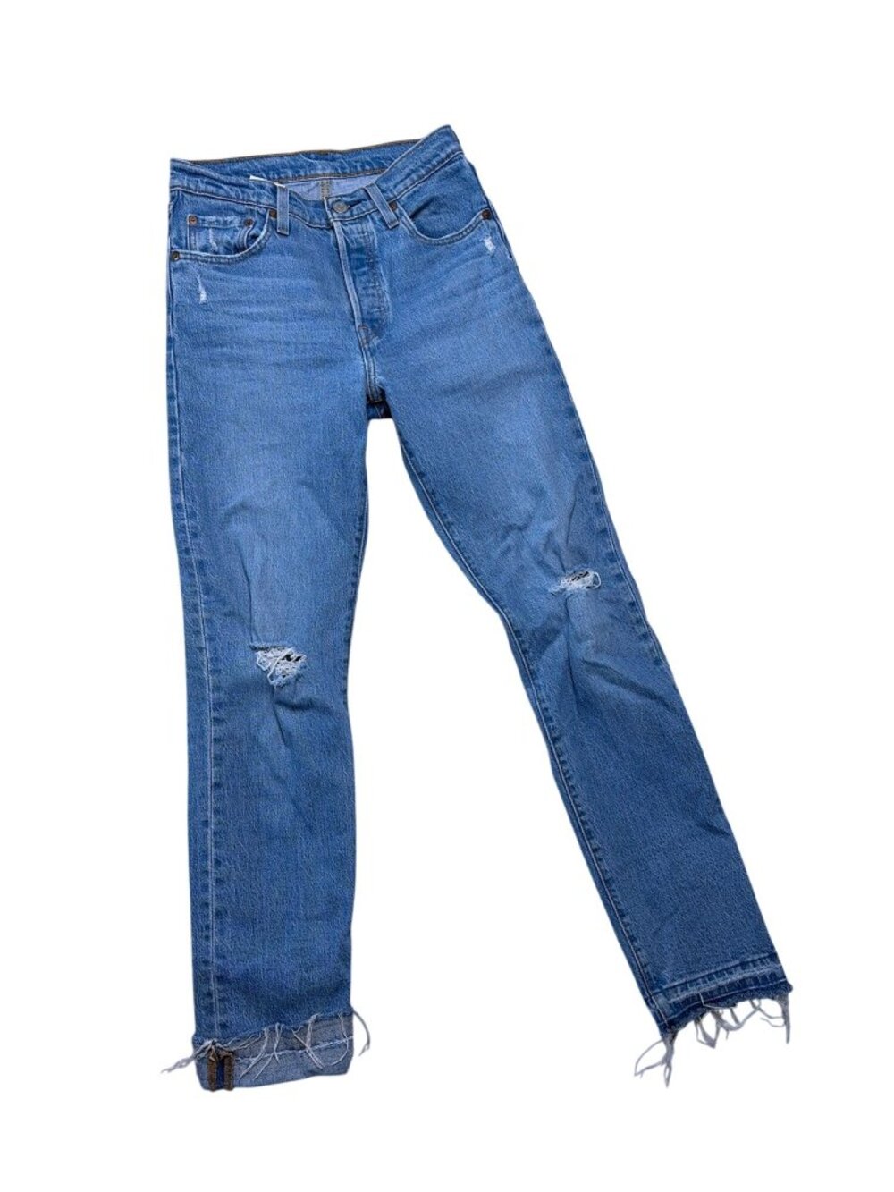 Levi's 501 Original Fit Stretch Jeans distressed medium-indigo wash SZ 25" X 30" - Picture 2 of 10